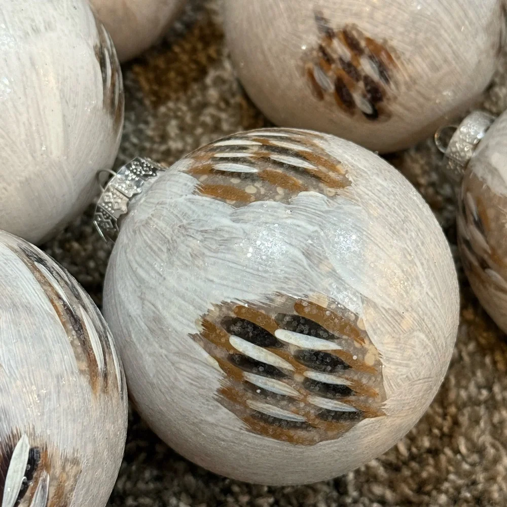 Vintage Pier 1 Glass Feather Christmas Ornaments - Set of 11 Cream Brown Black.